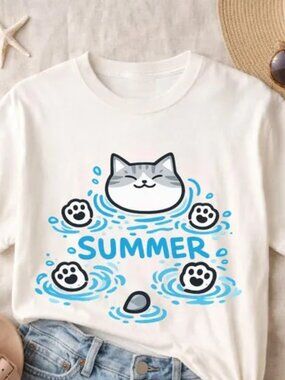 Cute Cat Summer Shirt, Beach Graphic Tee, Cat Lover Gift